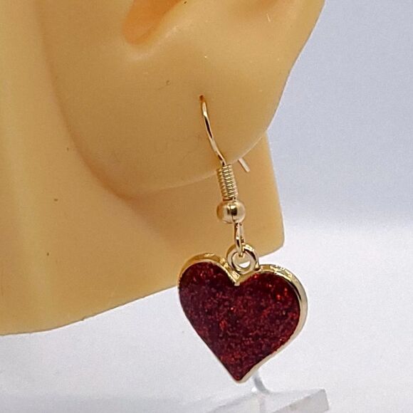 RED Glitter Heart Shaped Stud Earrings Valentine's Day Jewelry New Cute Sparkly - Picture 2 of 5